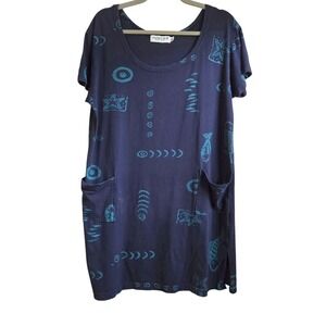 InGear Resort Navy Teal Nautical Starfish T-Shirt Dress Pockets Womens Medium